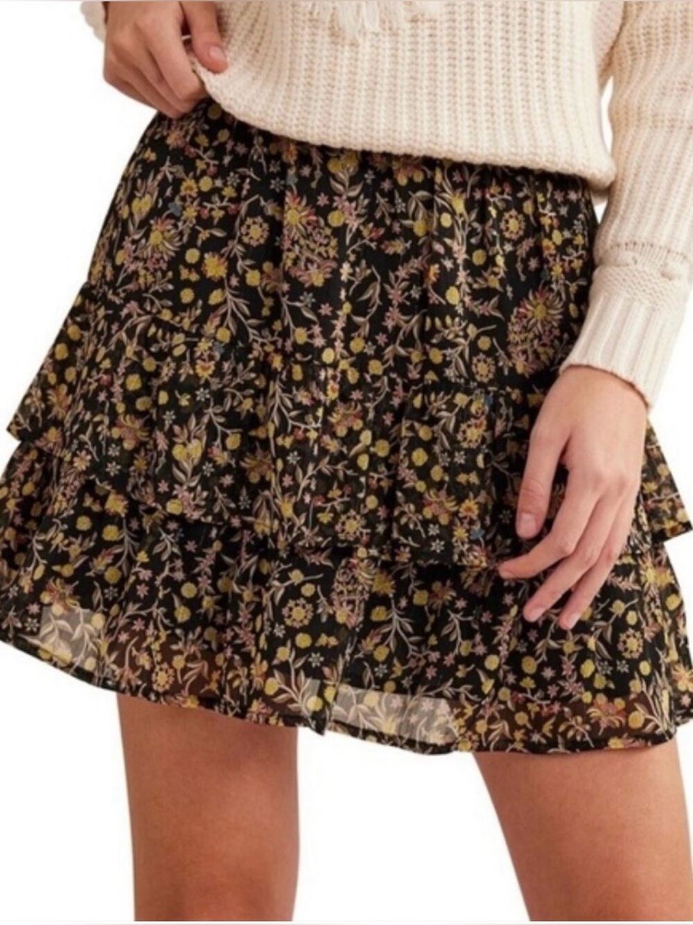 NWT Boden Womens Skirt Mini Floral Tiered Gold Stripes Summer Party Size 4